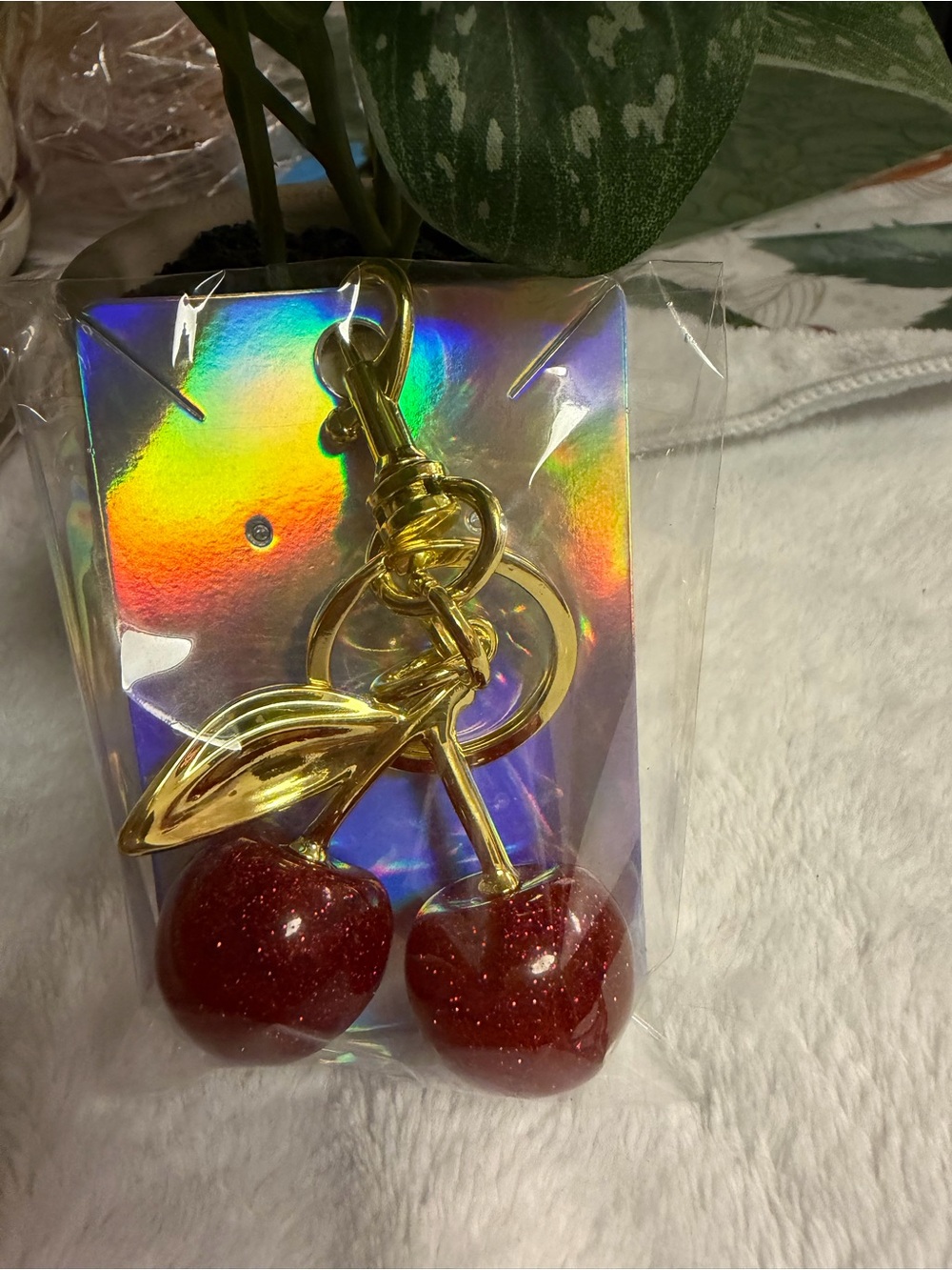 Gold Cherry Keychain Bag Charm - Red Glitter Cherries